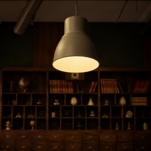 Lampada a sospensione industriale grigia con luce calda accesa, appesa al soffitto sopra una libreria in legno scuro.