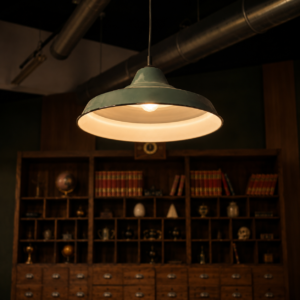Lampada a sospensione industriale vintage con paralume verde petrolio e interno bianco, illuminata, su sfondo di libreria in legno.