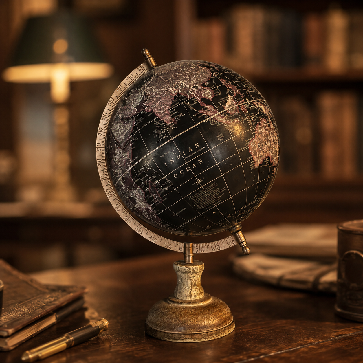 Mappamondo antico da scrivania con globo scuro e base in metallo anticato, posizionato su un tavolo di legno in un ambiente da studio.