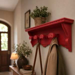 Appendiabiti a muro rosso brillante con mensola superiore e cinque ganci decorati, con un cappotto e delle chiavi appese.