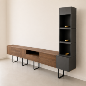 Sistema modulare moderno composto da mobile TV orizzontale in legno scuro e libreria verticale grigio antracite con gambe nere.
