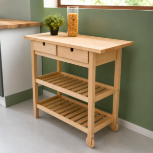 Carrello da cucina in legno chiaro con piano, due cassetti, due ripiani a doghe e ruote, posizionato in un ambiente moderno.