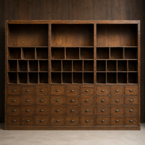 Grande mobile archivio in legno scuro con tre sezioni verticali, ripiani aperti superiori e 45 piccoli cassetti inferiori con maniglie in metallo.