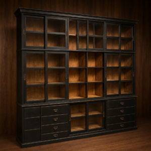 Grande libreria vetrina nera in legno con finitura anticata, ante scorrevoli in vetro e cassetti, su sfondo di pannelli in legno scuro.