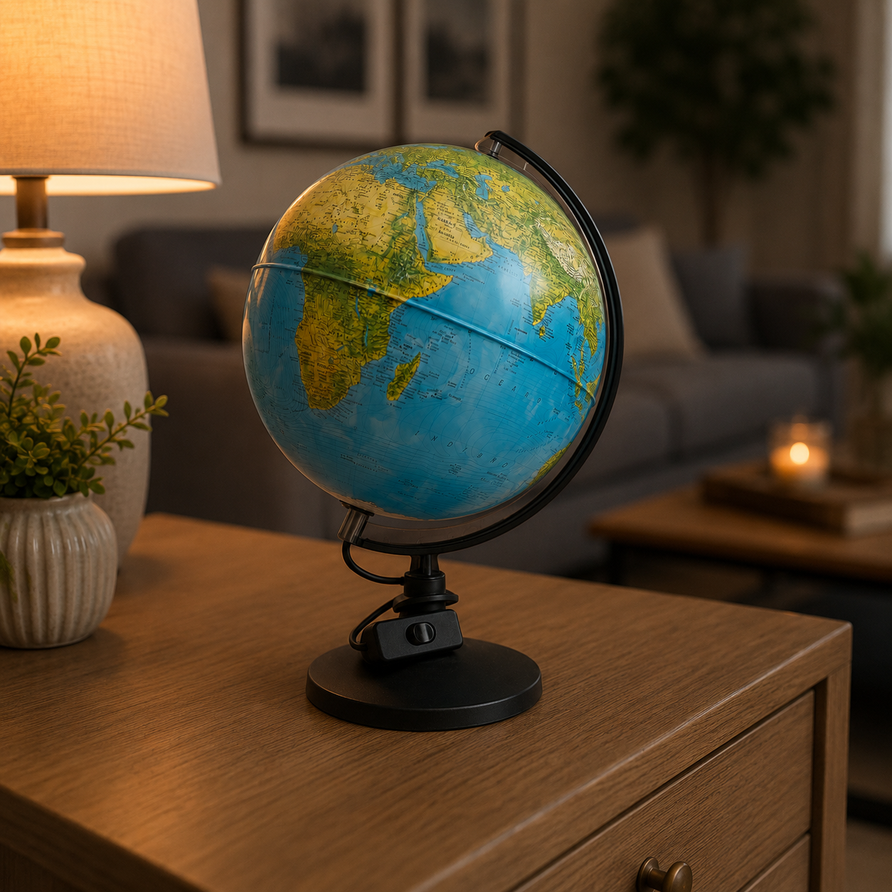Un mappamondo terrestre illuminato con base e meridiano neri, posizionato su un comodino di legno in un ambiente domestico.