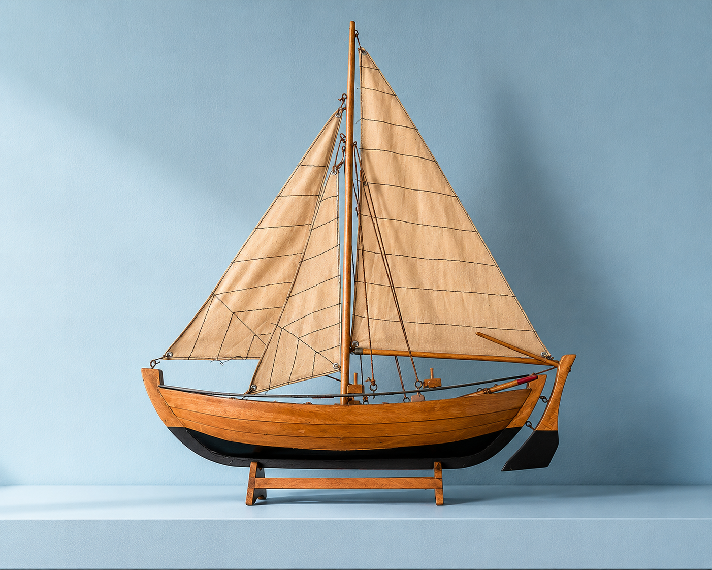 Modello di veliero in legno con scafo marrone e nero, vele beige in tessuto, su supporto in legno, sfondo blu.