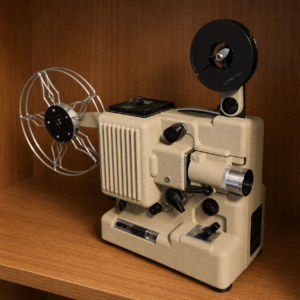 Proiettore cinematografico vintage 8mm beige con bobine e obiettivo cromato, posizionato su una mensola di legno.