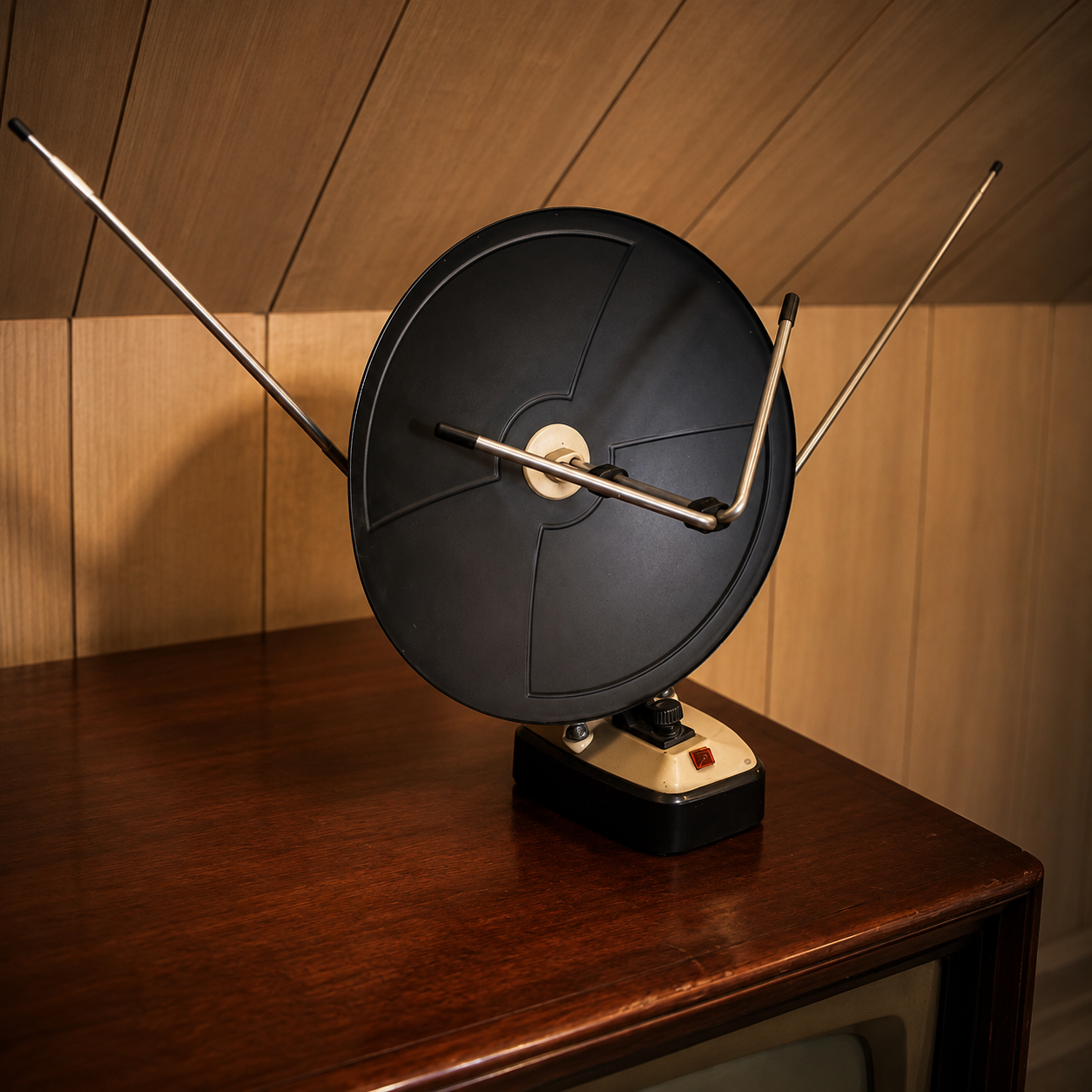 Antenna TV da interno vintage con disco nero e aste telescopiche cromate, posizionata su un mobile in legno scuro.