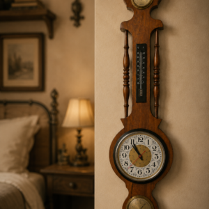 Stazione meteo da parete in legno scuro con orologio, termometro e barometro, appesa su una parete beige in un interno classico.