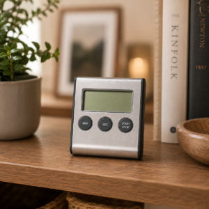 Timer digitale da cucina in metallo spazzolato con display LCD e pulsanti neri, posizionato su una mensola di legno.