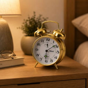 Sveglia classica dorata a doppia campana con quadrante bianco e numeri neri, posizionata su un comodino in legno.