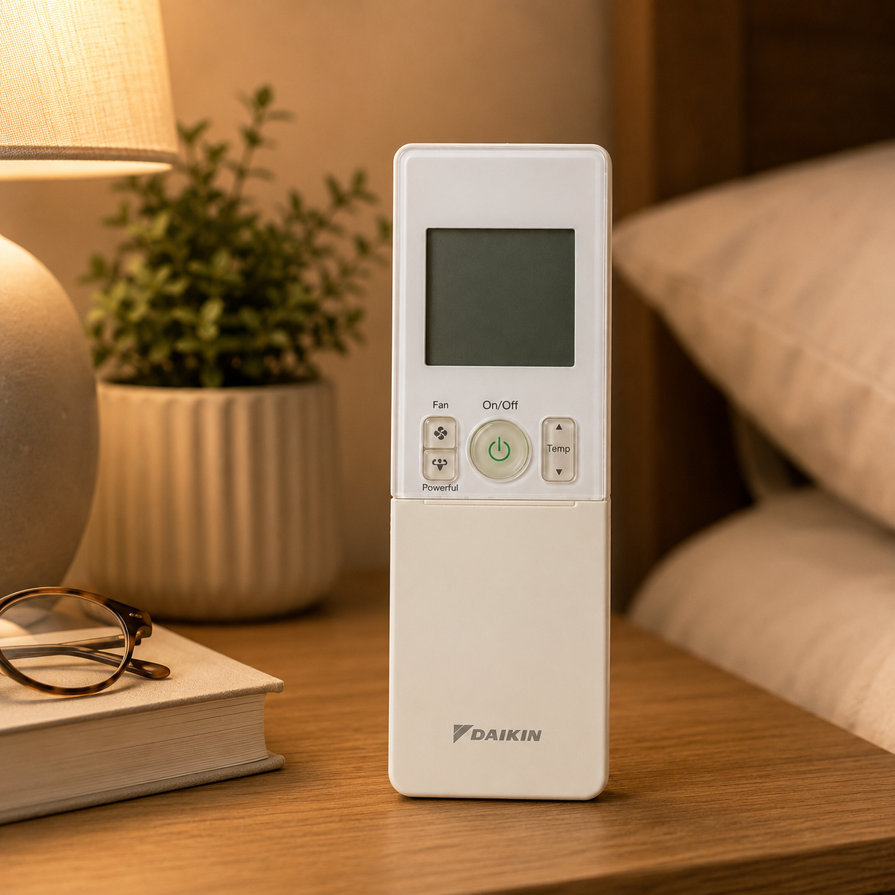 Telecomando Daikin bianco per climatizzatore su comodino in legno, con lampada e pianta sfocate sullo sfondo.