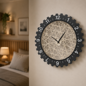Orologio da parete moderno con cornice a ingranaggio nera, numeri bianchi e quadrante interno con intreccio di fili chiari.