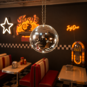 Sfera specchiata disco ball appesa al centro di un set che ricrea un diner americano con insegne al neon e tavoli.