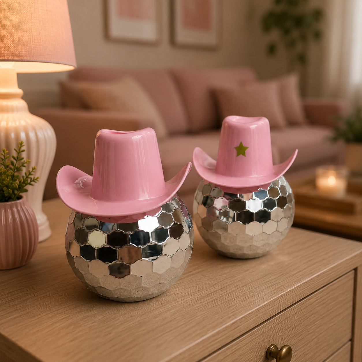 Due oggetti di scena decorativi, ciascuno con un cappello da cowboy rosa lucido posizionato su una palla a specchietti, su un mobile in legno.