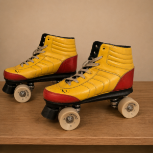 Coppia di pattini a rotelle vintage gialli con dettagli rossi e ruote bianche, posizionati su una superficie di legno.