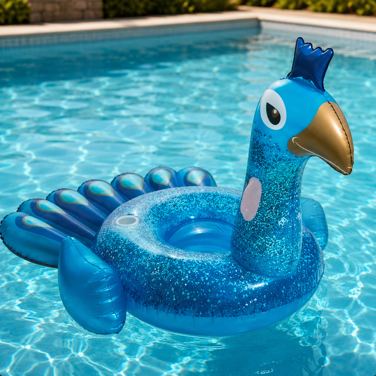 Gonfiabile a forma di pavone glitterato blu che galleggia in una piscina con acqua cristallina sotto il sole.