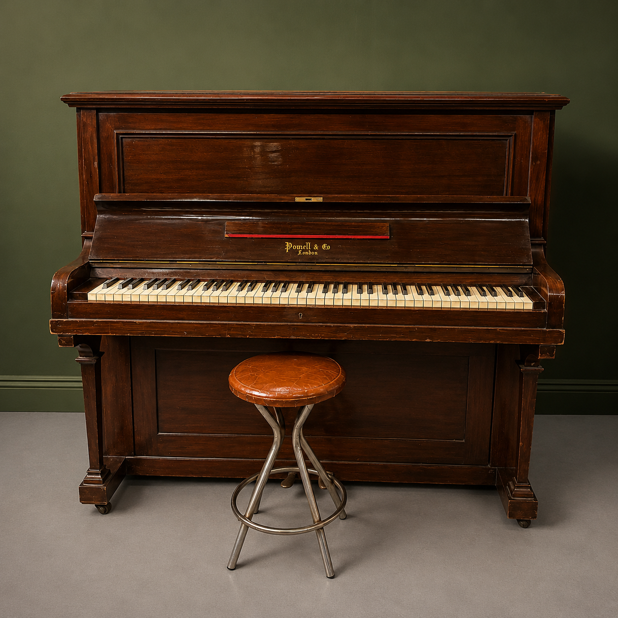 Pianoforte verticale antico Powell & Co London in legno scuro con tasti invecchiati e sgabello in pelle marrone su sfondo verde.