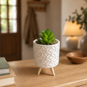 Pianta grassa artificiale verde in vaso di ceramica bianca con motivo geometrico e tre piedini in legno, su un tavolo di legno.