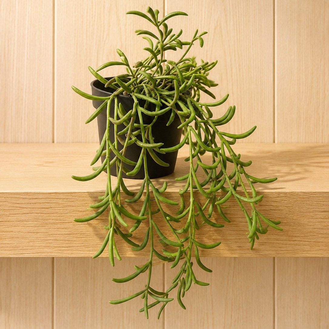 Pianta succulenta artificiale pendente con foglie verdi allungate in un vaso nero, posizionata su una mensola di legno.