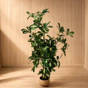 Pianta artificiale Schefflera variegata con foglie verdi e gialle, in un vaso rotondo di fibra intrecciata, su pavimento in legno.