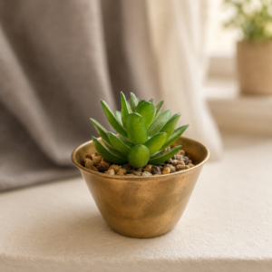 Pianta succulenta artificiale verde in un vaso metallico color ottone, posizionata su una superficie chiara davanti a una tenda.