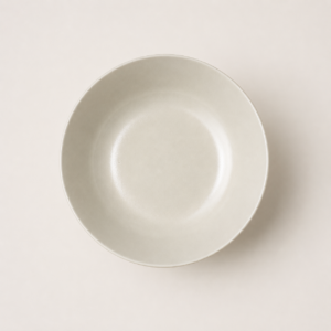 Ciotola piatta in ceramica o gres di colore beige chiaro, vista dall'alto, su sfondo neutro, con texture leggermente granulosa.
