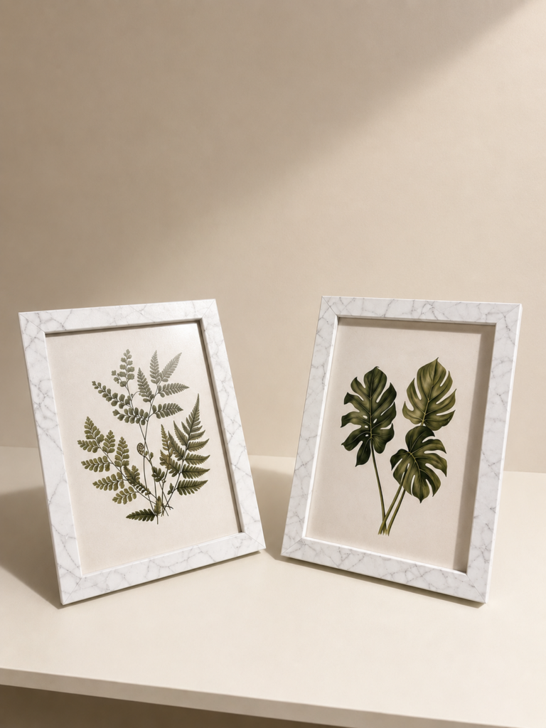 Due cornici bianche effetto marmo con stampe botaniche (felce e monstera) appoggiate su una superficie chiara.