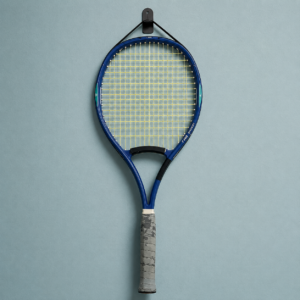 Racchetta da tennis vintage blu con corde gialle e grip grigio usurato, appesa a un gancio nero su parete azzurra.