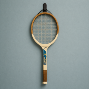 Racchetta da tennis vintage in legno Slazenger Junior Club, con telaio in legno chiaro e manico marrone, appesa a un gancio.