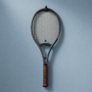 Racchetta da tennis vintage "MIC 1200 Series" con telaio grigio, dettagli rossi e blu, corde beige e impugnatura in pelle marrone, appesa a un gancio su parete azzurra.