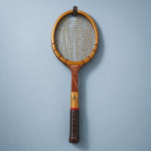 Racchetta da tennis vintage in legno 'Fast Play' con manico in pelle scura, appesa a un gancio su sfondo azzurro.