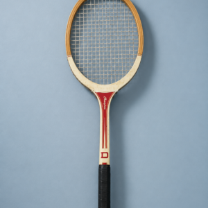 Racchetta da tennis vintage in legno con telaio chiaro, dettagli rossi e impugnatura nera, appesa a un gancio su sfondo blu.