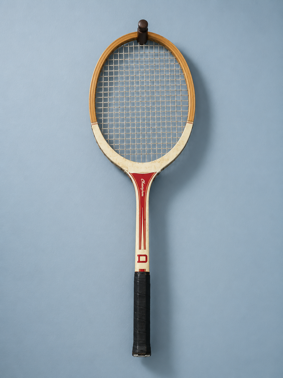 Racchetta da tennis vintage in legno con telaio chiaro, dettagli rossi e impugnatura nera, appesa a un gancio su sfondo blu.