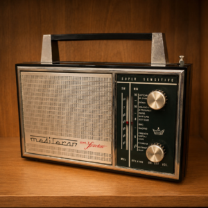Radio portatile vintage Mediteran Specter con cassa nera, griglia metallica argentata e maniglia, su uno scaffale di legno.