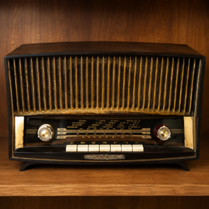 Radio d'epoca Mivar nera e dorata su ripiano in legno, con manopole e tasti bianchi, ideale come oggetto di scena vintage.