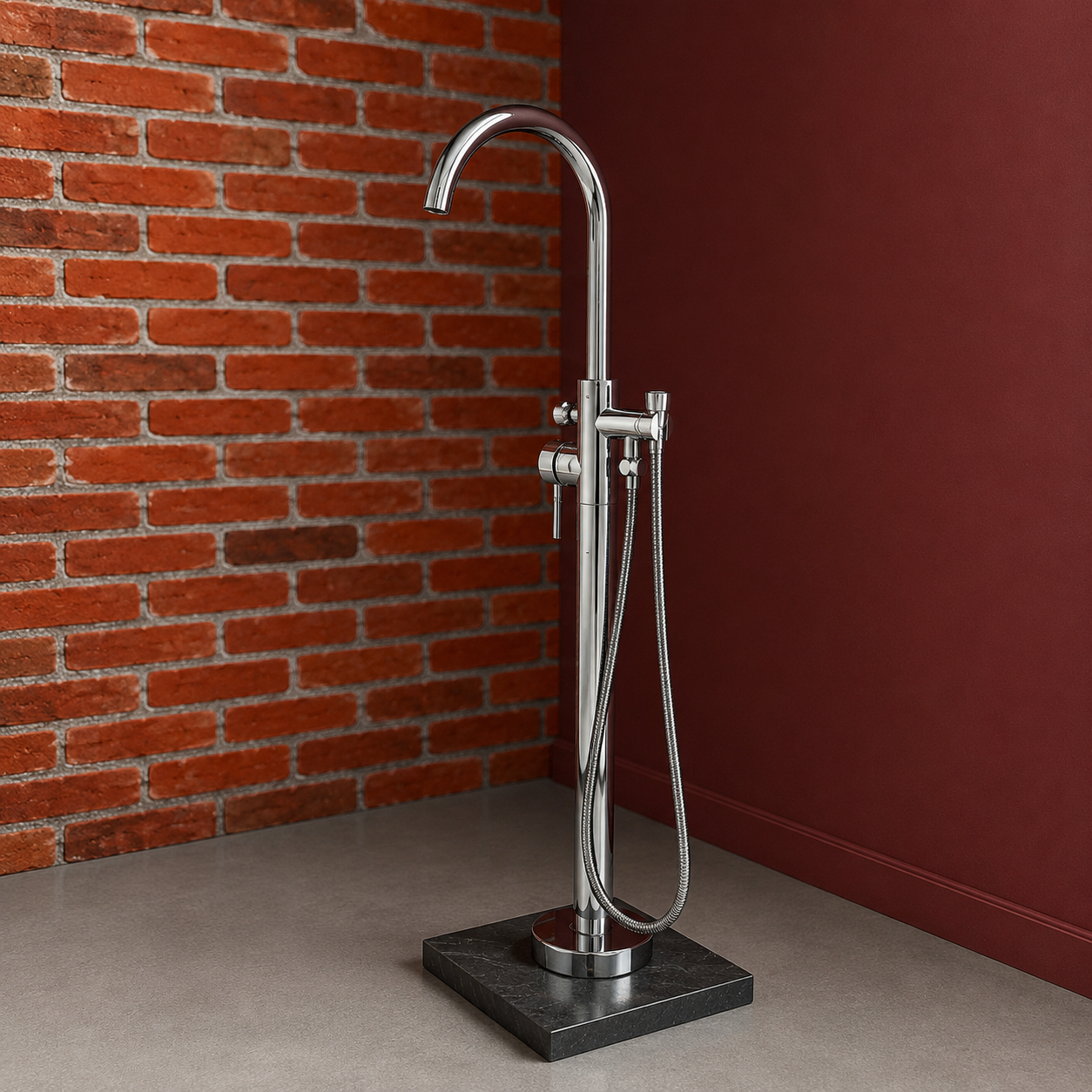 Miscelatore vasca freestanding cromato lucido con doccetta su base in marmo scuro, posizionato tra una parete in mattoni e una rossa.