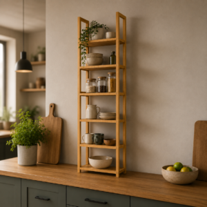 Scaffale verticale in legno chiaro con sei ripiani aperti, posizionato su un bancone in legno in una cucina moderna.