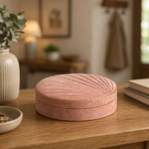Cofanetto rotondo in velluto rosa con coperchio scanalato e bordo dorato, posizionato su un tavolo di legno.