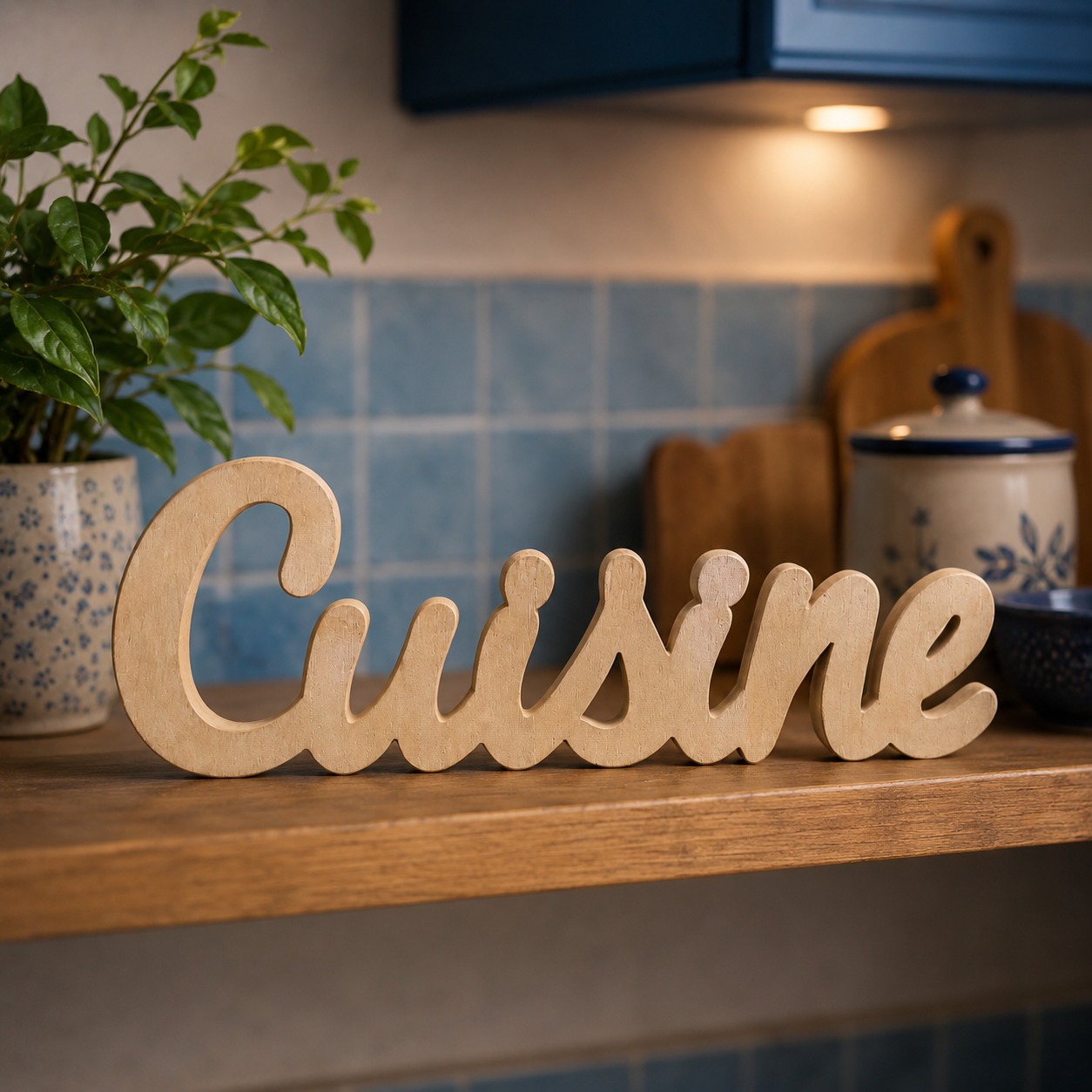Insegna decorativa in legno chiaro con la scritta corsiva "Cuisine" su una mensola di legno in una cucina con piastrelle blu.