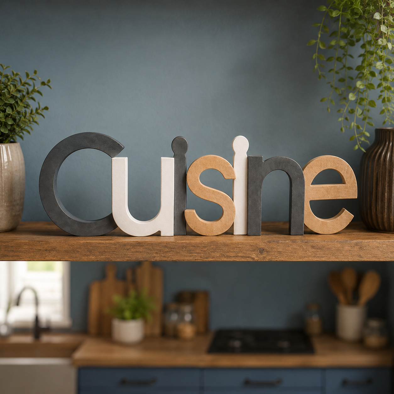 Scritta decorativa tridimensionale "Cuisine" su mensola di legno, con lettere in grigio scuro, bianco e legno chiaro.