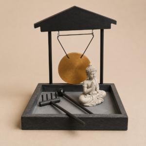 Giardino Zen in miniatura con statua di Buddha, gong in ottone appeso a una struttura nera e due rastrelli su un vassoio scuro.