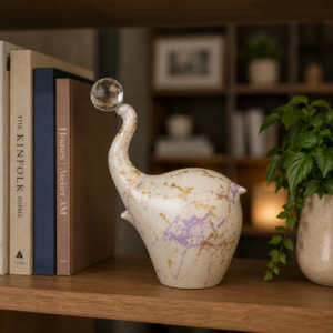 Statua decorativa a forma di elefante in ceramica con finitura marmorizzata beige, oro e viola, sormontata da una sfera di cristallo.