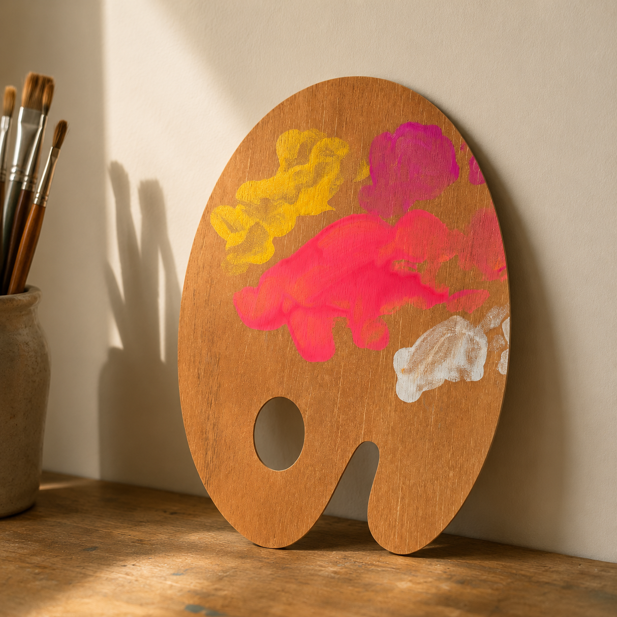 Tavolozza d'artista ovale in legno chiaro con macchie di pittura gialla, rosa, fucsia e bianca, appoggiata su un tavolo di legno.