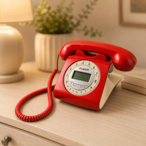 Telefono fisso rosso Telecom Italia con tastiera a pulsanti e display digitale, posizionato su un comodino in legno.