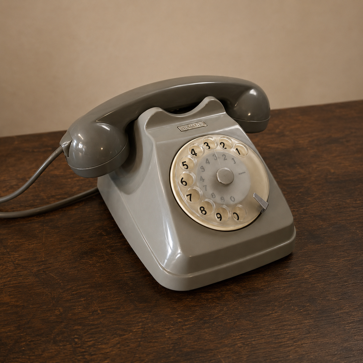 Telefono a disco Siemens vintage di colore grigio, posizionato su un tavolo di legno scuro, con ricevitore appoggiato.