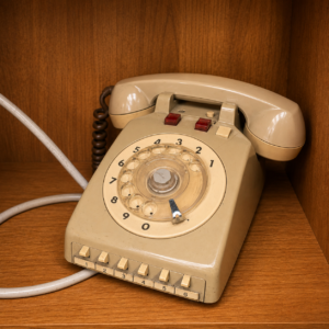 Telefono fisso a disco vintage beige con tastiera supplementare, posizionato su una mensola in legno.