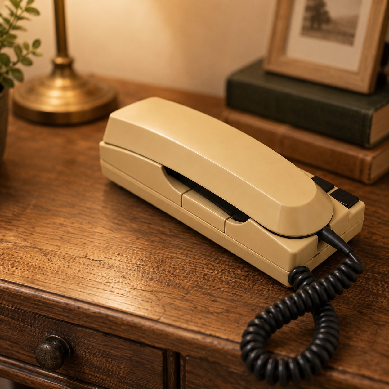 Telefono fisso a pulsanti beige con cornetta e cavo a spirale nero, posizionato su un comodino in legno.