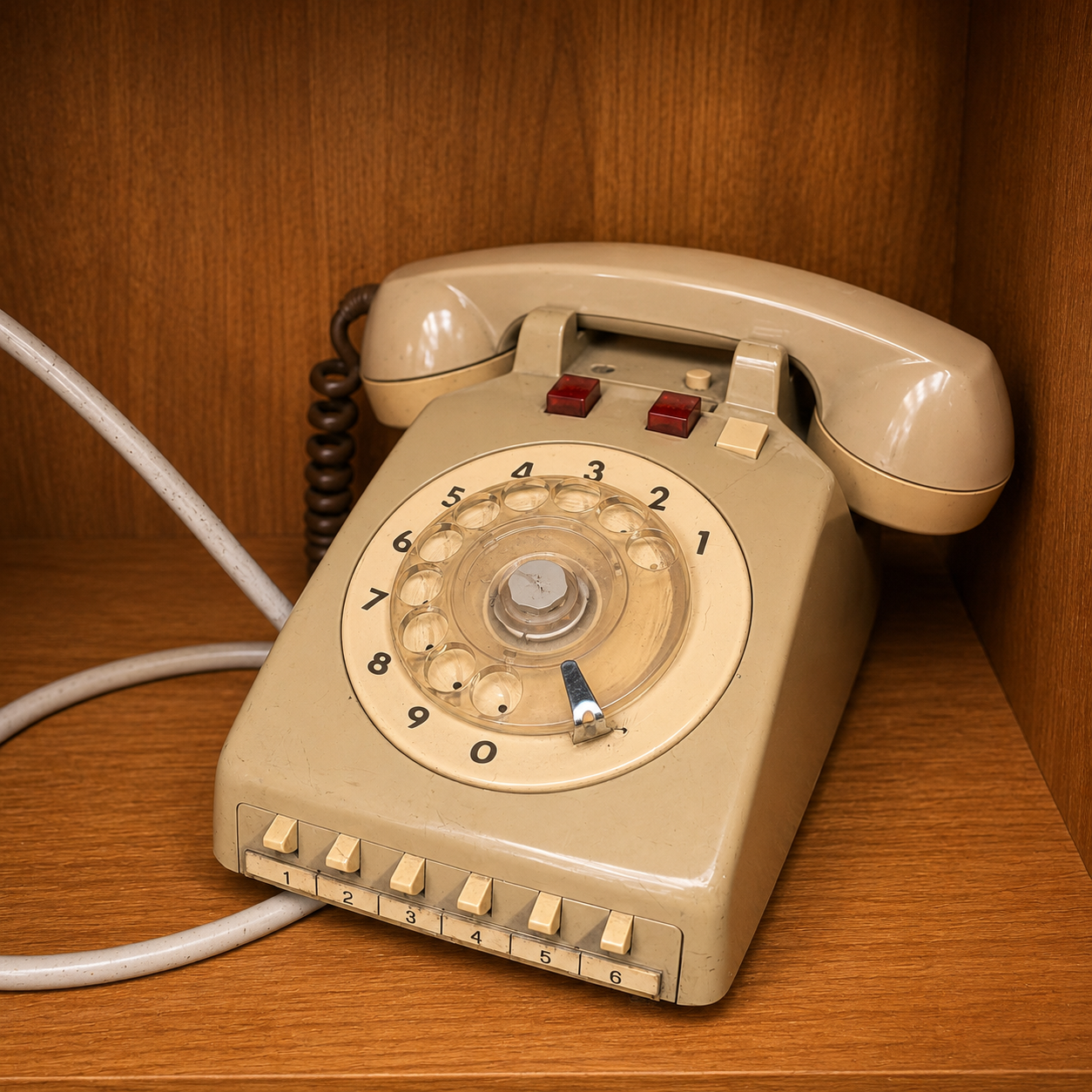 Telefono fisso a disco vintage beige con tastiera supplementare, posizionato su una mensola in legno.
