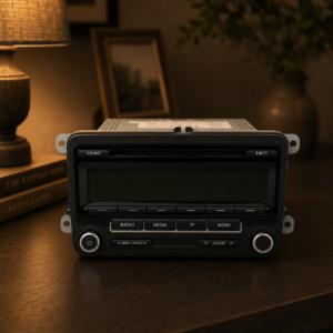 Autoradio moderna nera con display spento e pulsanti, inclusi controlli radio e media, su una superficie di legno scuro.